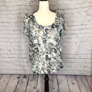 LOFT Factory Black & Gray Short Sleeve Watercolor Print Sheer Bubble Top Medium